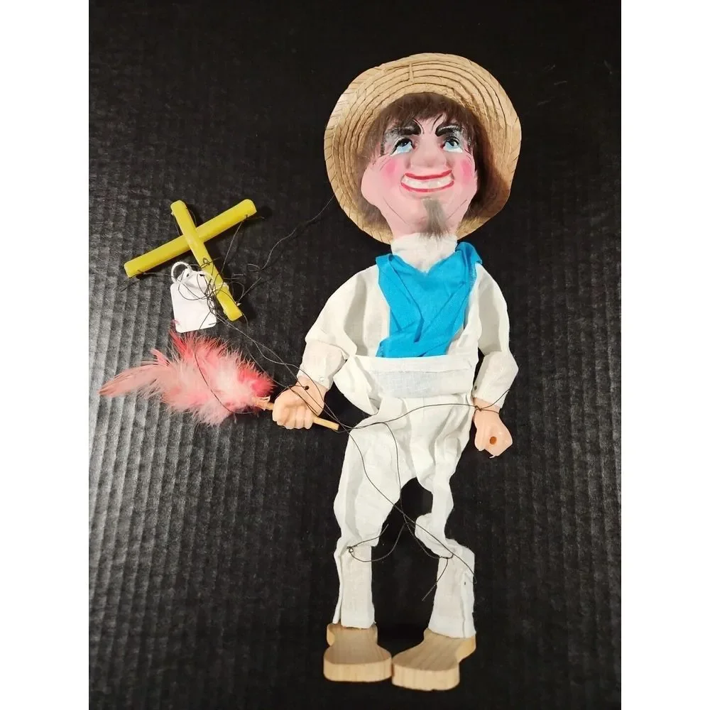 Vintage Marionette Mexican String Puppet Man with Sombrero (Tangled Strings)